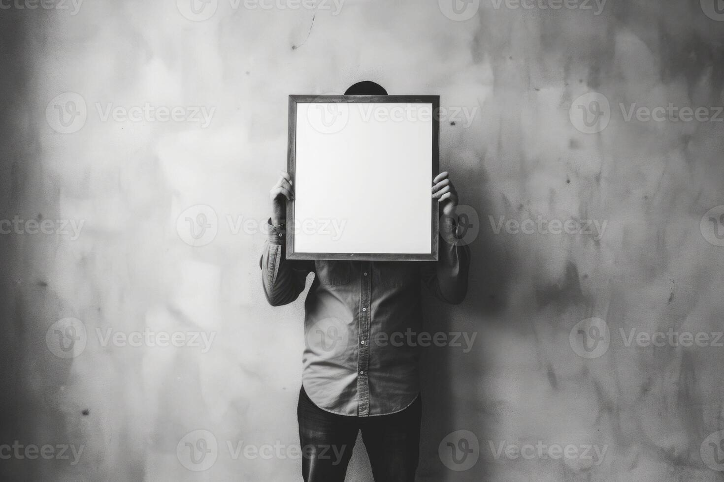 plein corps portrait de homme tenir Vide image Cadre sur gris Couleur Contexte. génératif ai photo