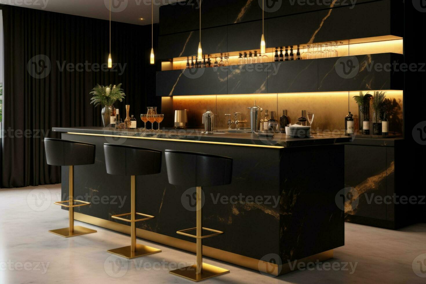 moderne noir bar compteur avec or accents. génératif ai photo
