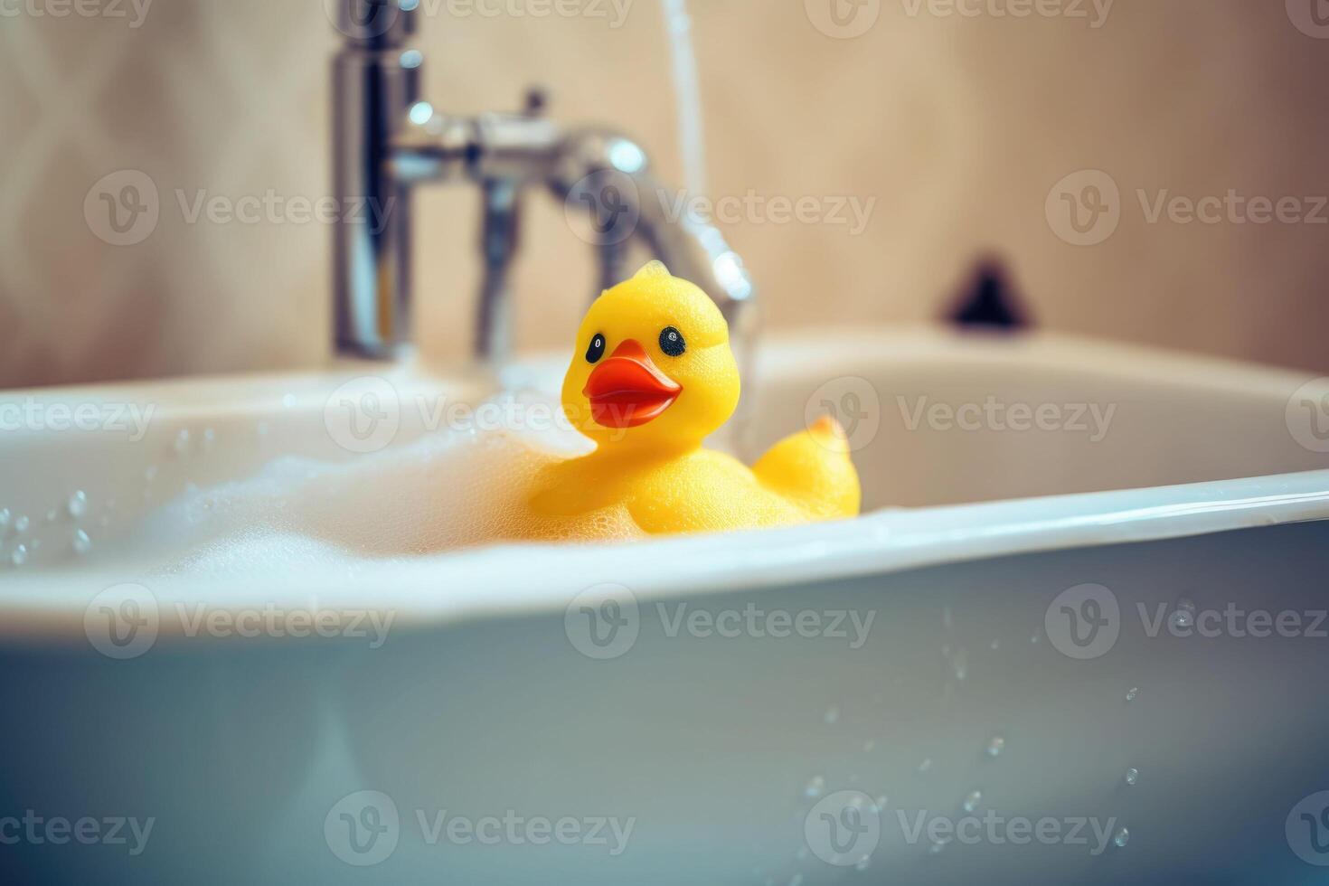 Jaune canard jouet dans le baignoire. une baignoire temps concept. génératif ai photo