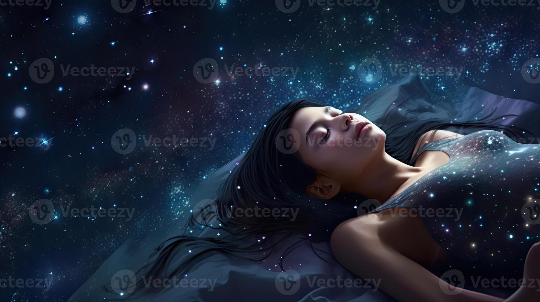 rêver parmi le étoiles 3d illustration de une Jeune asiatique femme en train de dormir dans Profond espace. génératif ai photo