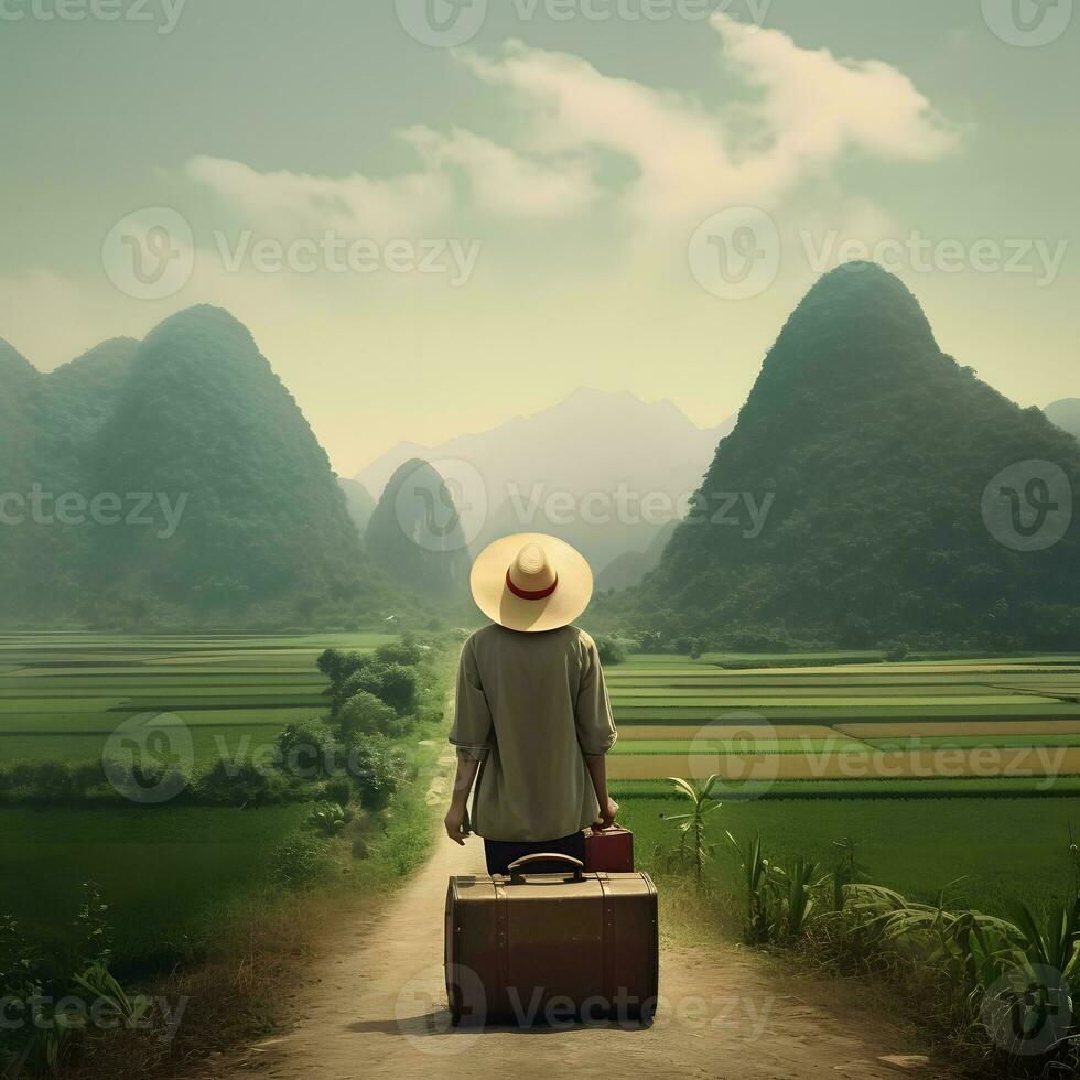 solitaire fille avec valise à pays route. photo