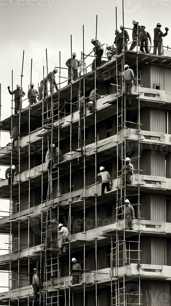 construction ouvriers travail sur moderne bâtiments. photo