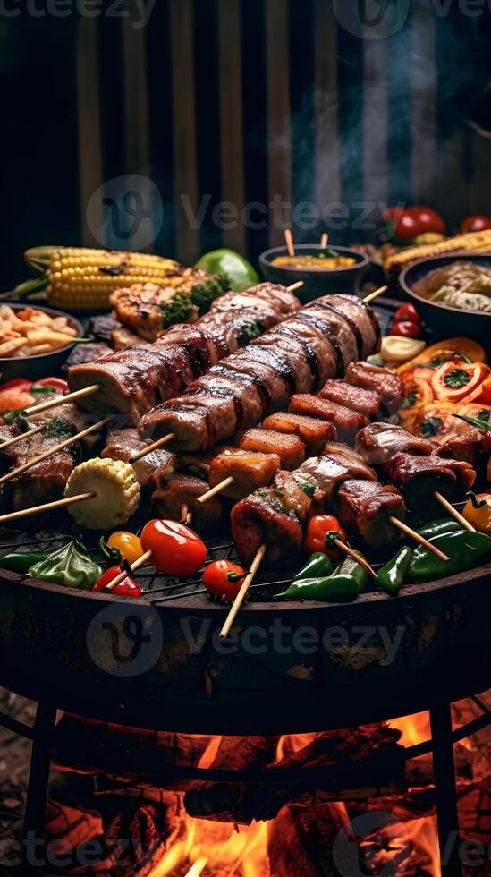 du boeuf steaks et des légumes sur le gril avec flammes. barbecue. photo