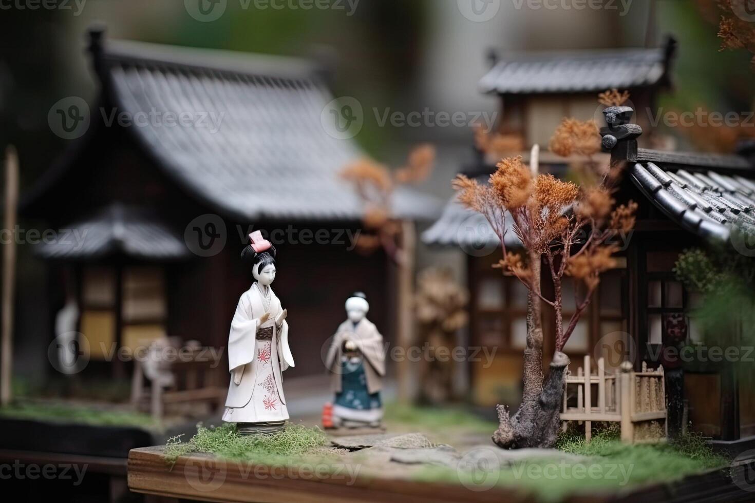 miniature geisha dans kimono. Japonais asiatique diorama. petit femme dans traditionnel costume établi avec génératif ai La technologie photo