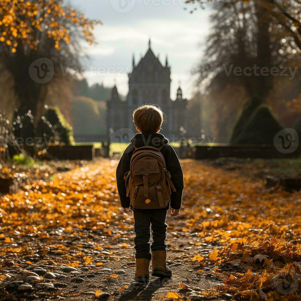 étudiant garçon va à école dans le l'automne Matin. une content enfant avec une mallette sur le sien retour et manuels dans le sien mains va à école. ai génération photo