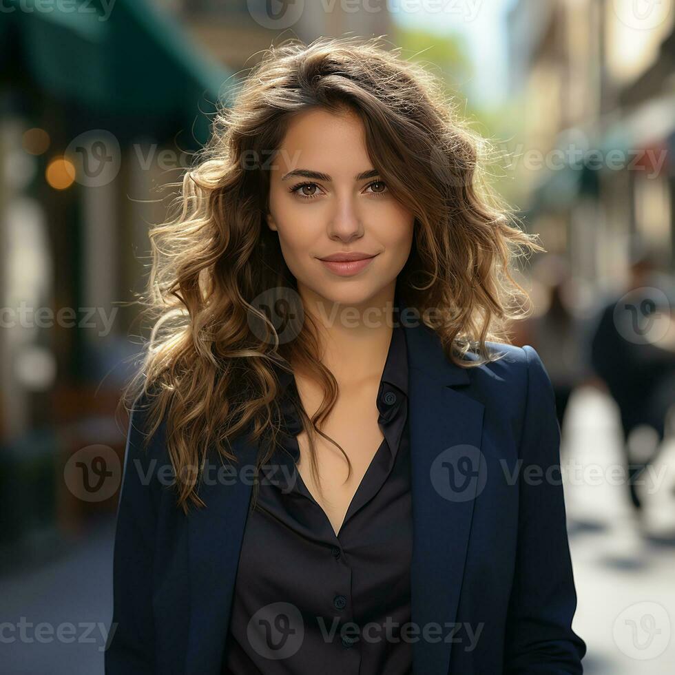 Jeune magnifique femme dans affaires costume sur le rue, ai génération photo