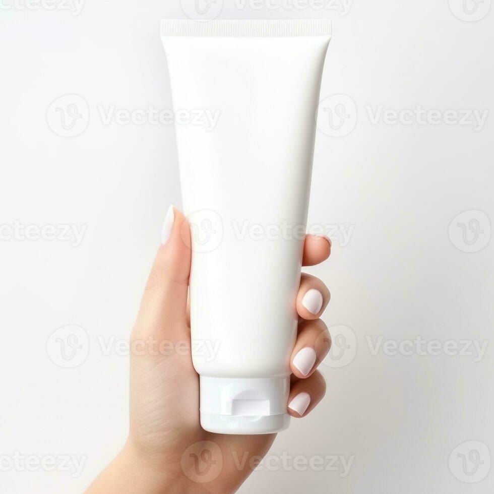 femme main avec Vide blanc cosmétique tube sur blanc Contexte. produit publicité concept. génératif ai photo