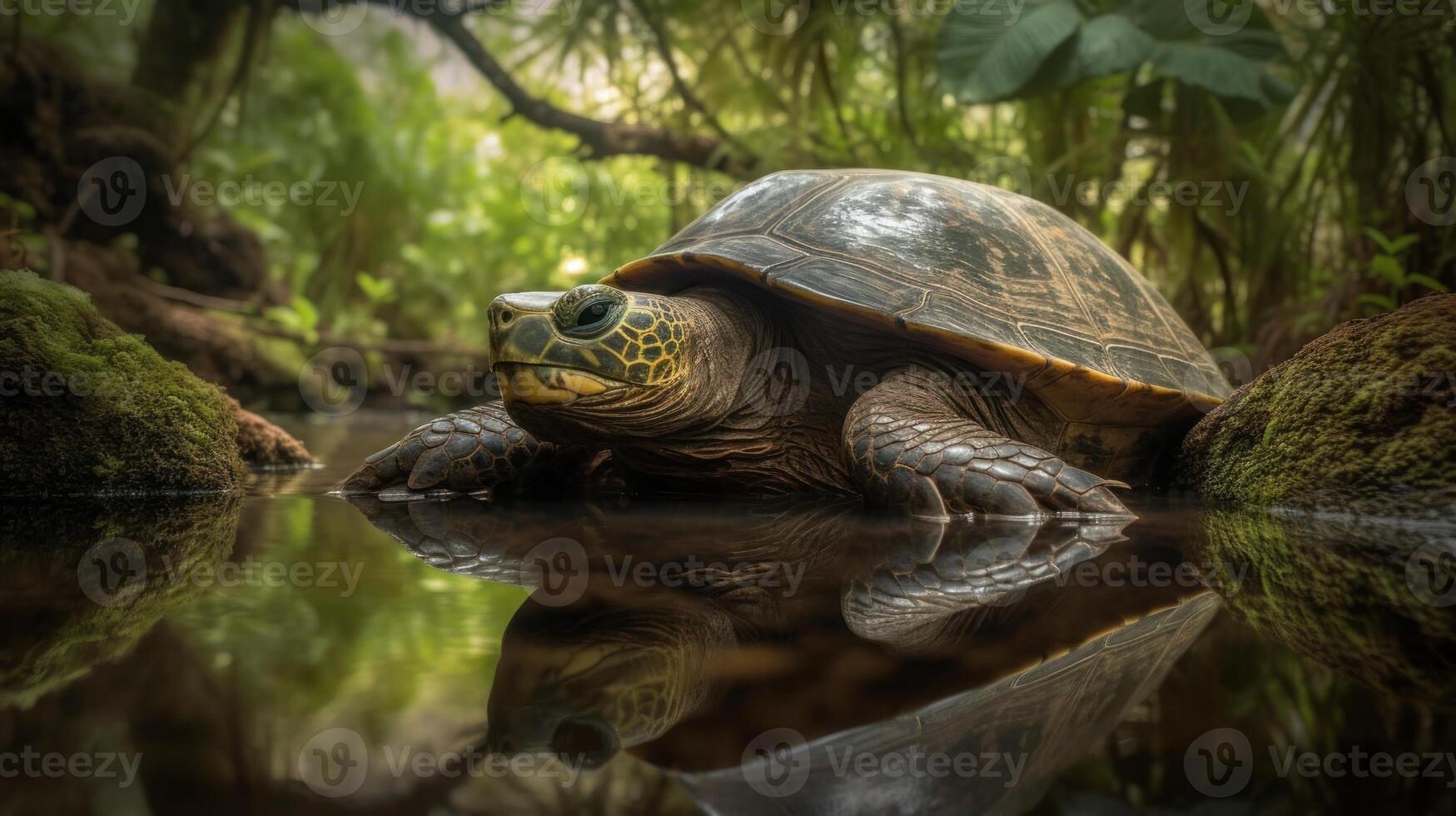 une grandiose galapagos tortue progressivement navigation ses façon par une verdoyant, tropical forêt photo