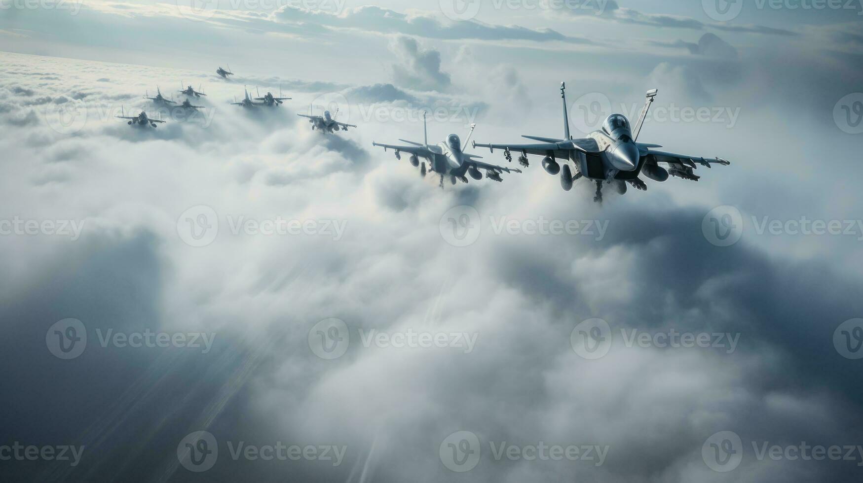 une escadron de combattant jets fléchettes par une nuageux ciel, en quittant les sentiers de blanc fumée contre le vibrant bleu Toile photo