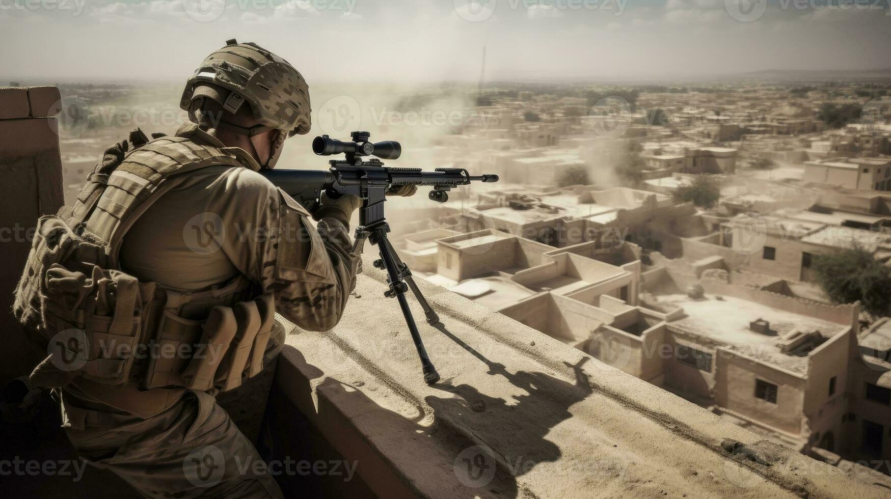 une soldat en portant une position sur une toit, avec une panoramique vue de le champ de bataille dessous, capturer le soldats' compétence et précision comme elles ou ils prendre objectif à ennemi cibles photo