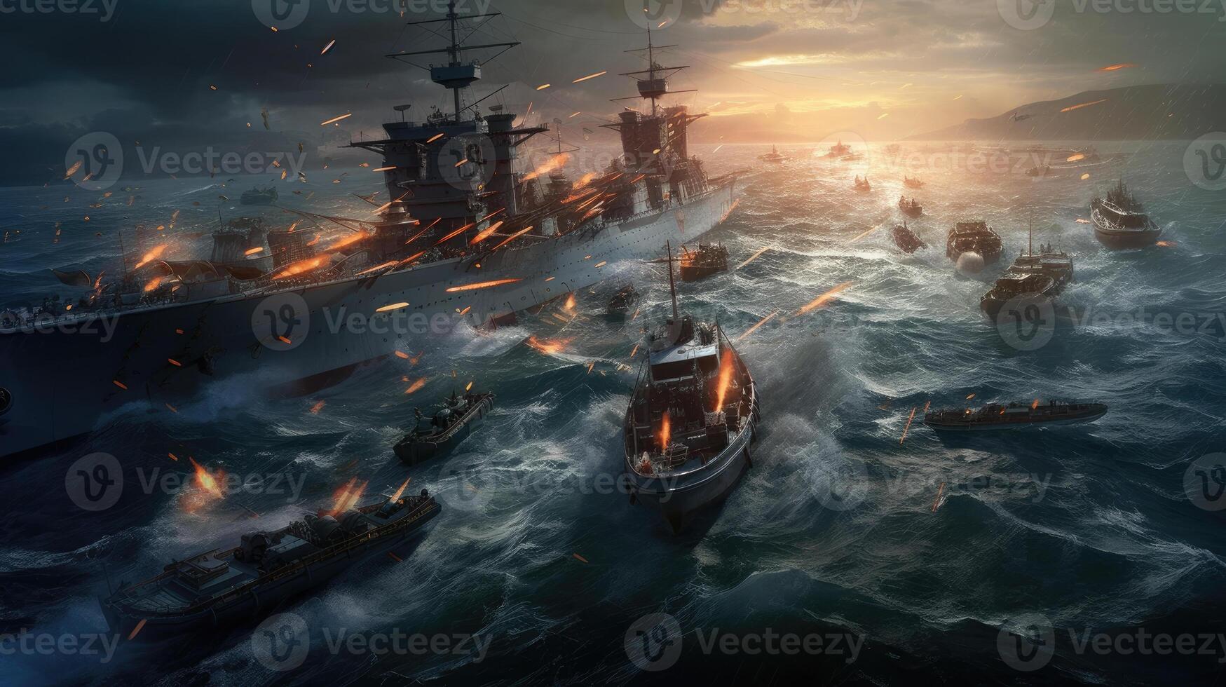 une militaire photoréaliste image de une naval bataille, deux navires de guerre échanger Feu dans le ouvert mer, vagues s'écraser contre le coques, foncé des nuages sur le horizon, mise en évidence le le chaos et destruction de photo