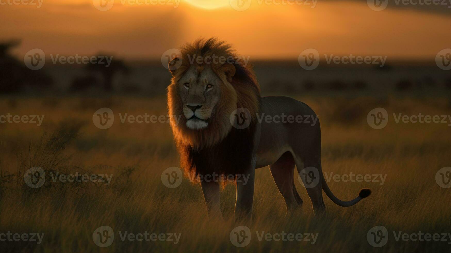 une majestueux lion, ses d'or crinière illuminé par le ardent africain le coucher du soleil photo