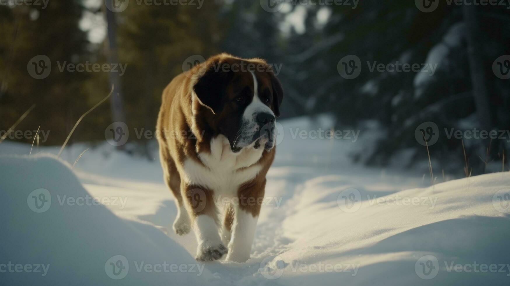 une Saint Bernard chien suivi par le neige dans chercher de une parfum photo