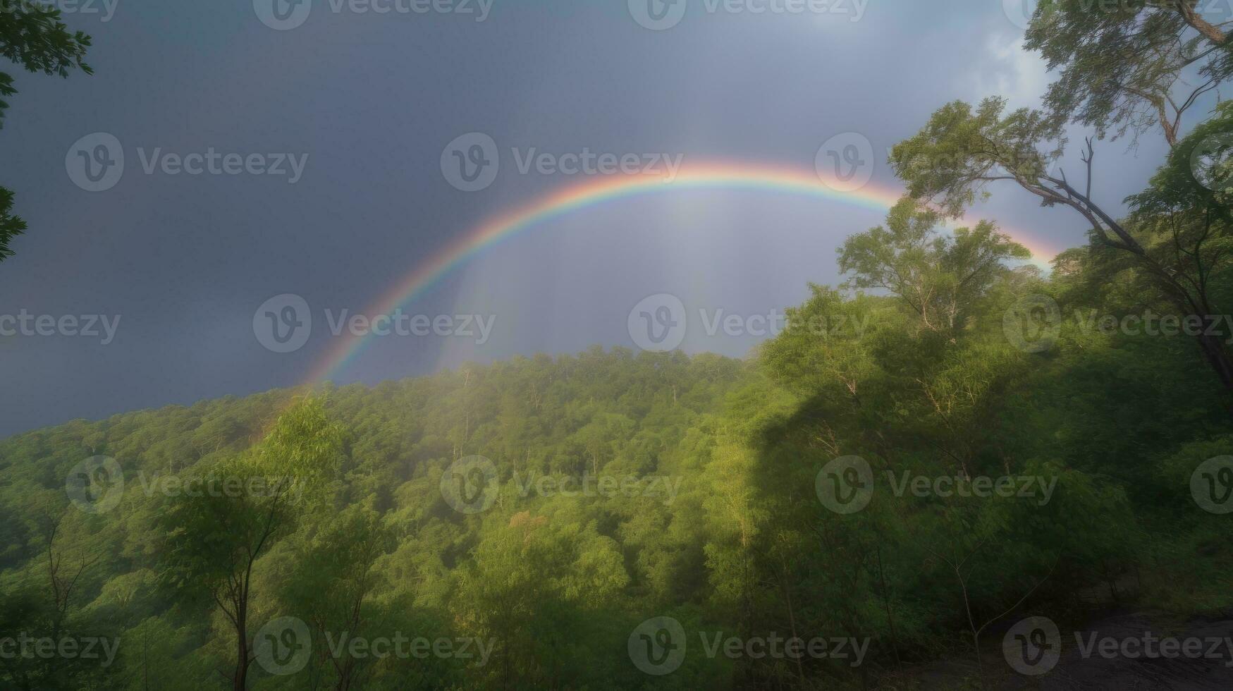une arc en ciel cambrure à travers le forêt ciel après une rapide pluie photo