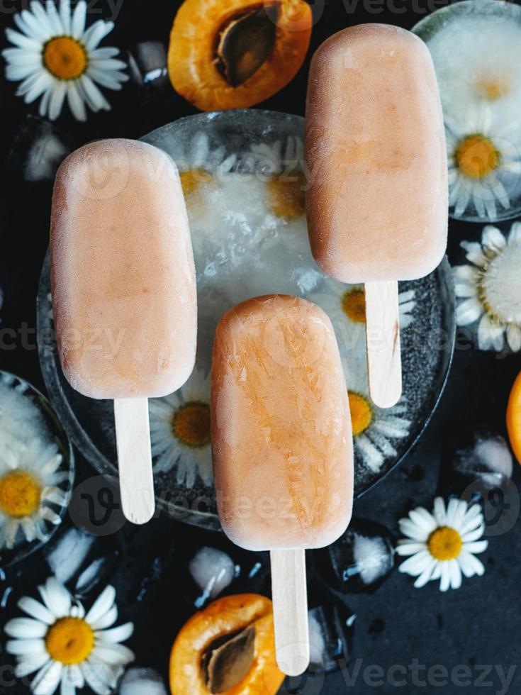 crème glacée maison sur un bâton d'abricots et de yaourt. concept d'alimentation saine photo