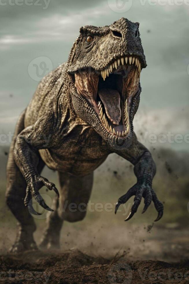 rugissement tyannosaure Rex dinosaure fonctionnement vers, établi avec génératif ai photo