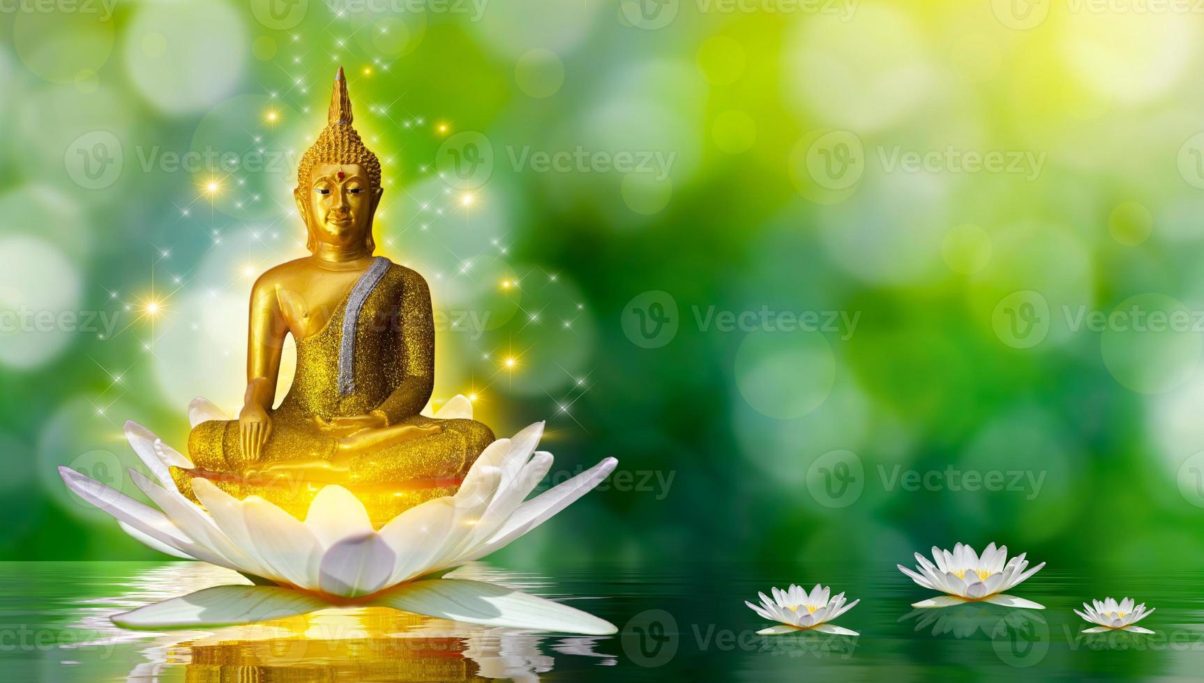 bouddha, statue, eau, lotus, bouddha, debout, sur, fleur lotus, sur, fond orange photo