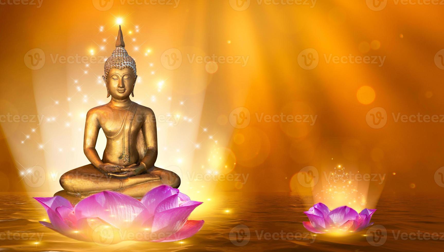 bouddha, statue, eau, lotus, bouddha, debout, sur, fleur lotus, sur, fond orange photo