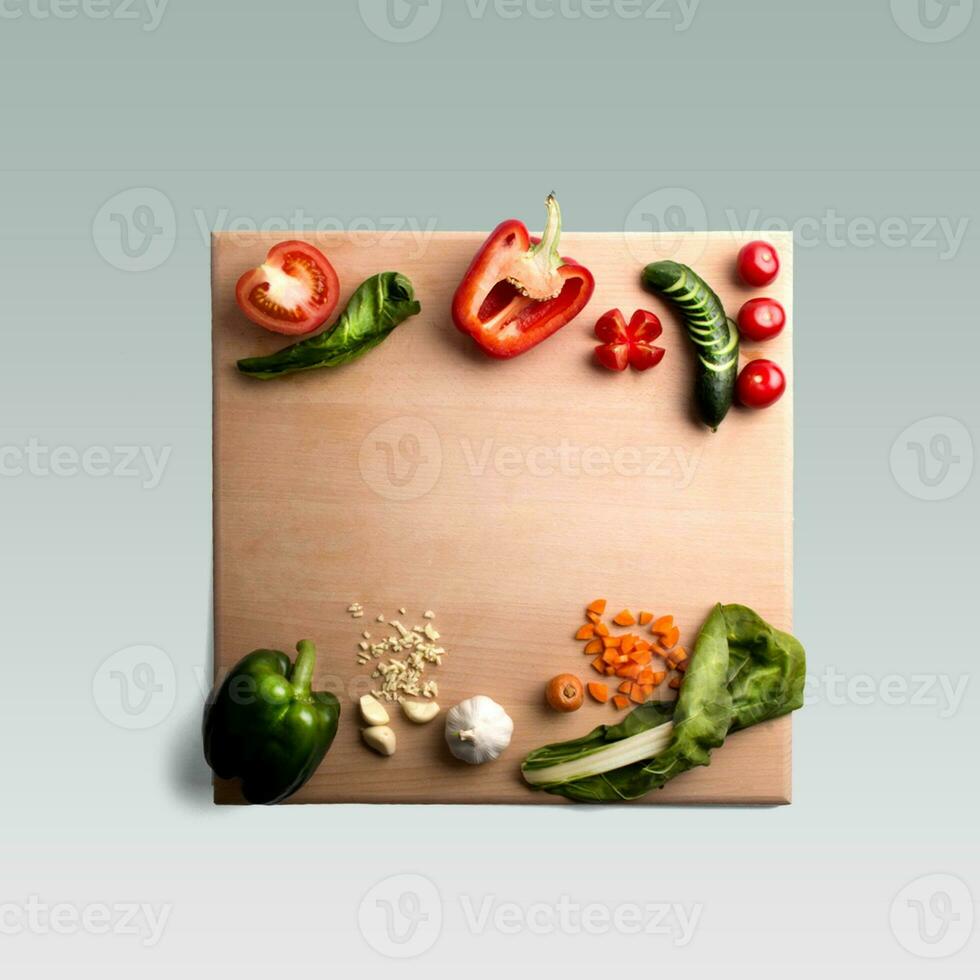 un unique concept de des légumes sur en bois arrondi table isolé sur gris. photo