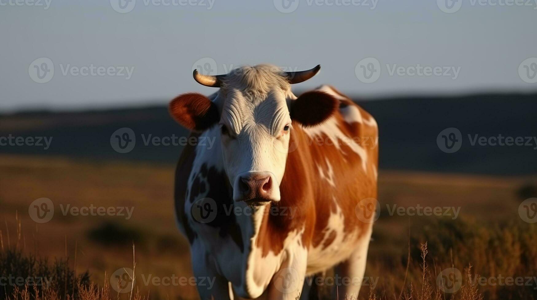 blanc rouge vache des stands dans une champ à coucher de soleil, flou Contexte. généré ai photo