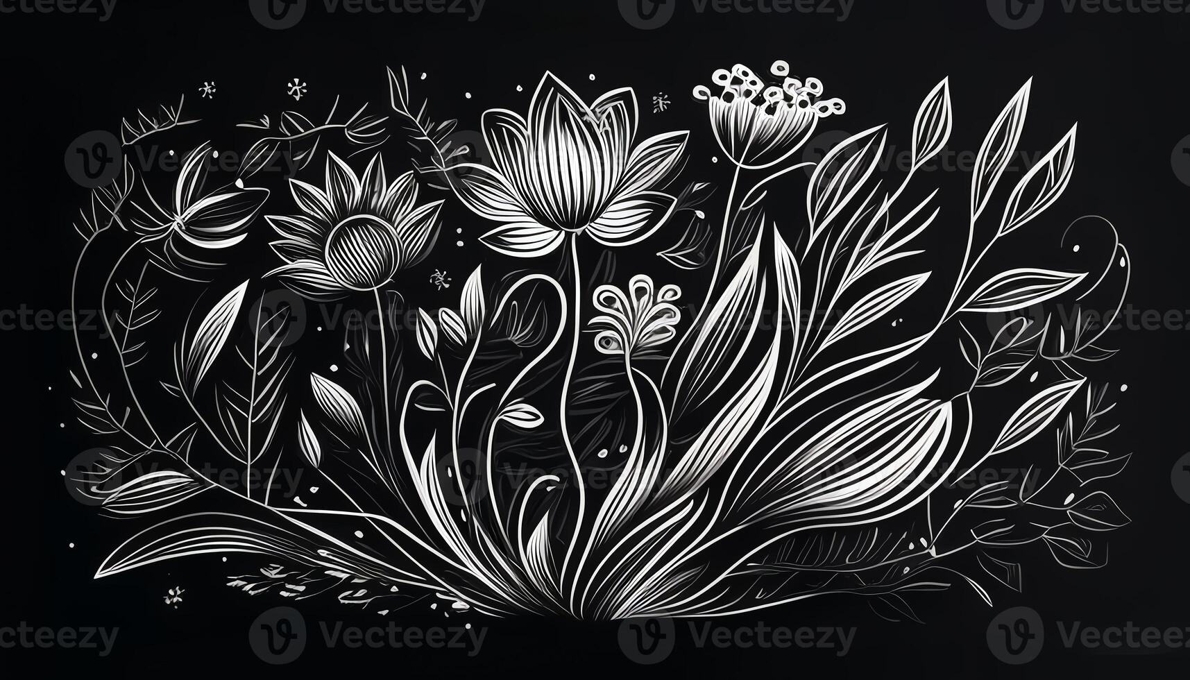 noir et blanc floral modèle avec feuilles, fleur bouquets. blanc fleurs et noir Contexte. ai généré photo