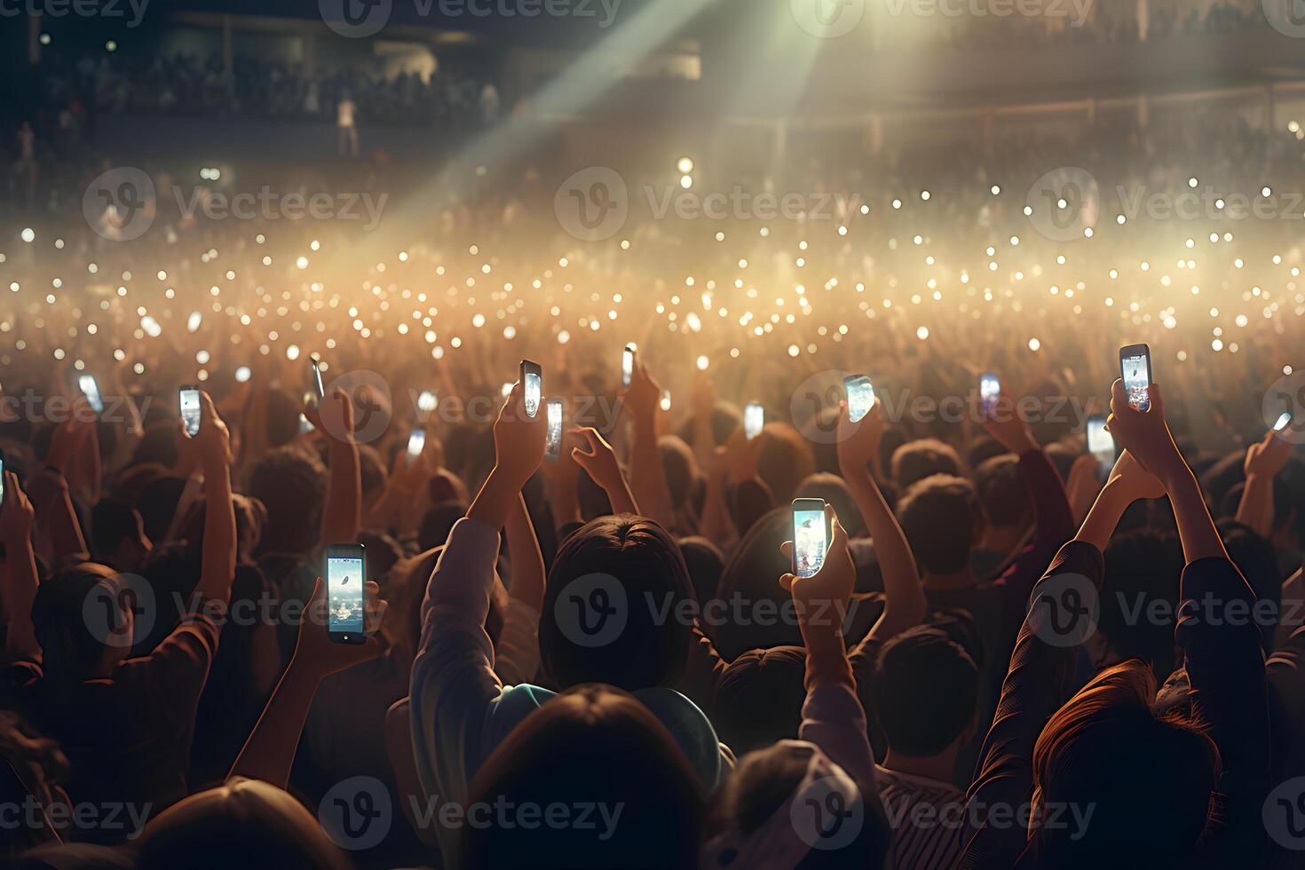 une foule de gens à une vivre événement, concert ou fête en portant mains et les smartphones en haut ,génératif ai photo