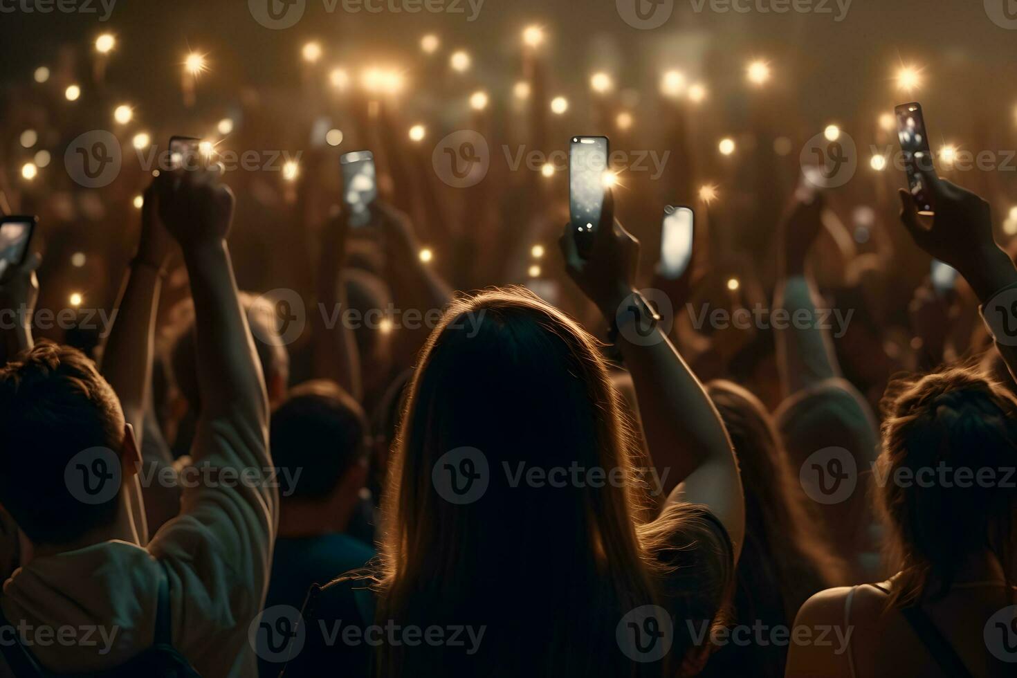 une foule de gens à une vivre événement, concert ou fête en portant mains et les smartphones en haut ,génératif ai photo