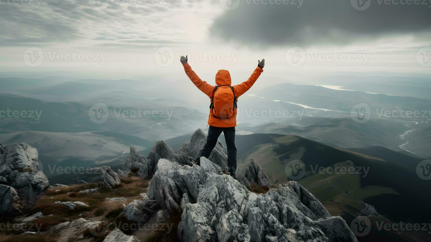 grimpeur célébrer Succès sur Haut de Montagne ,génératif ai photo
