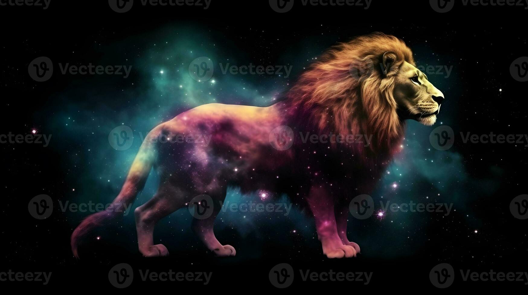 silhouette Lion dans coloré espace galaxie nuage nébuleuse ,génératif ai photo
