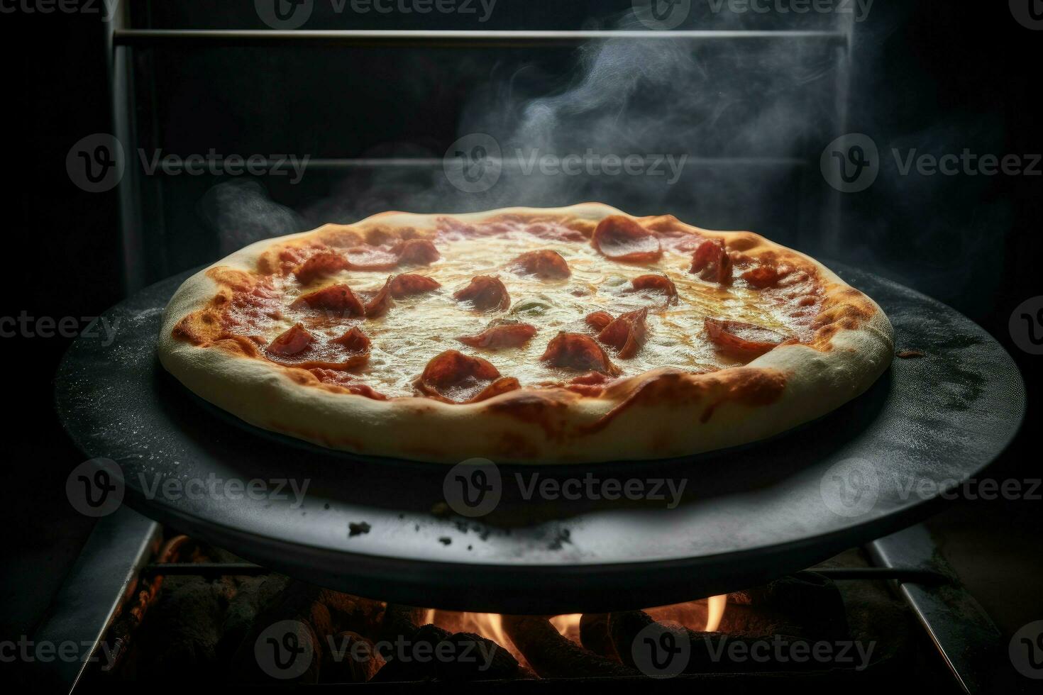 ai généré fraîchement cuit Pizza fumant sur une pierre comptoir. photo