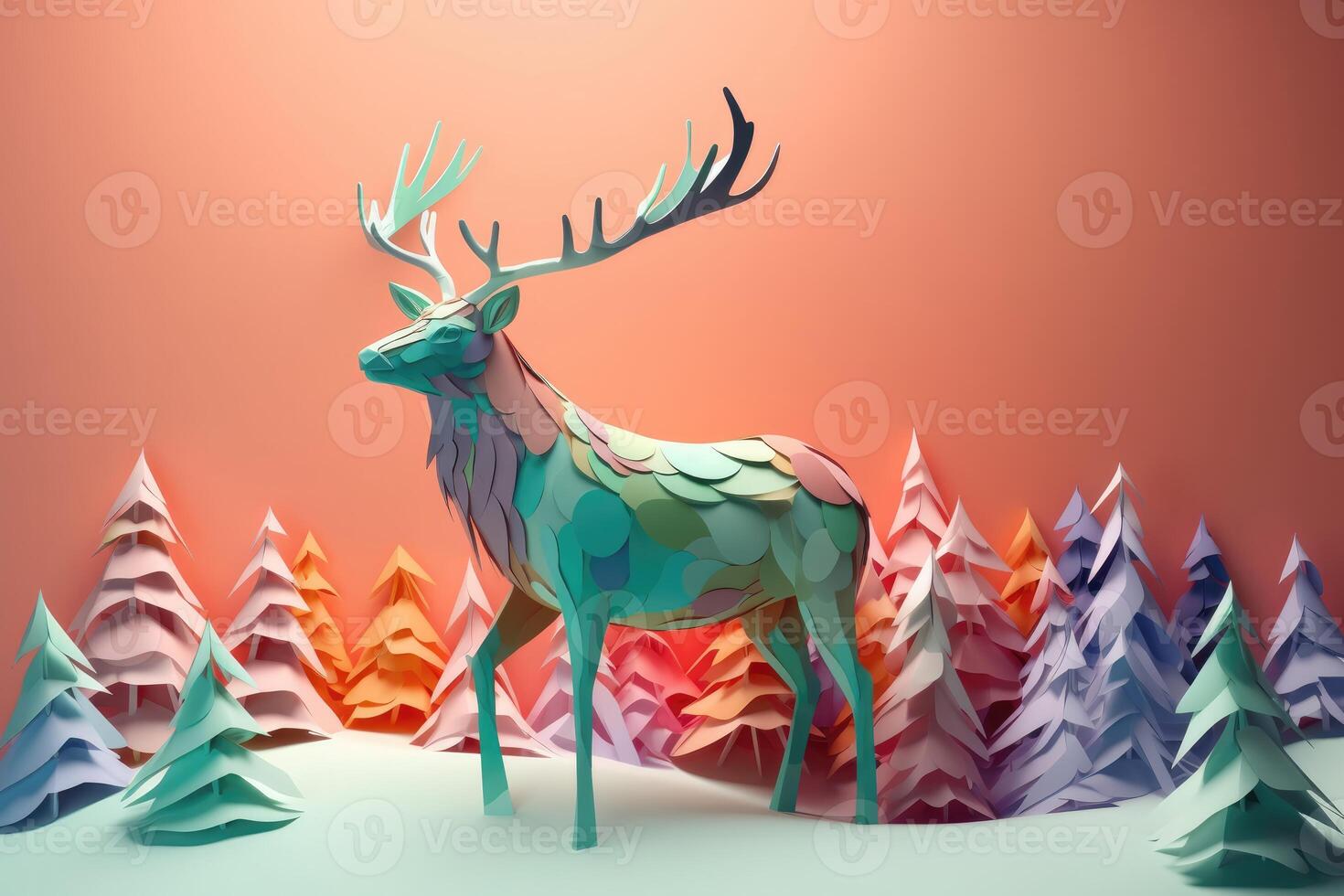 ai généré majestueux wapiti permanent dans une neigeux Prairie dans Noël arbre. coloré papier art. photo