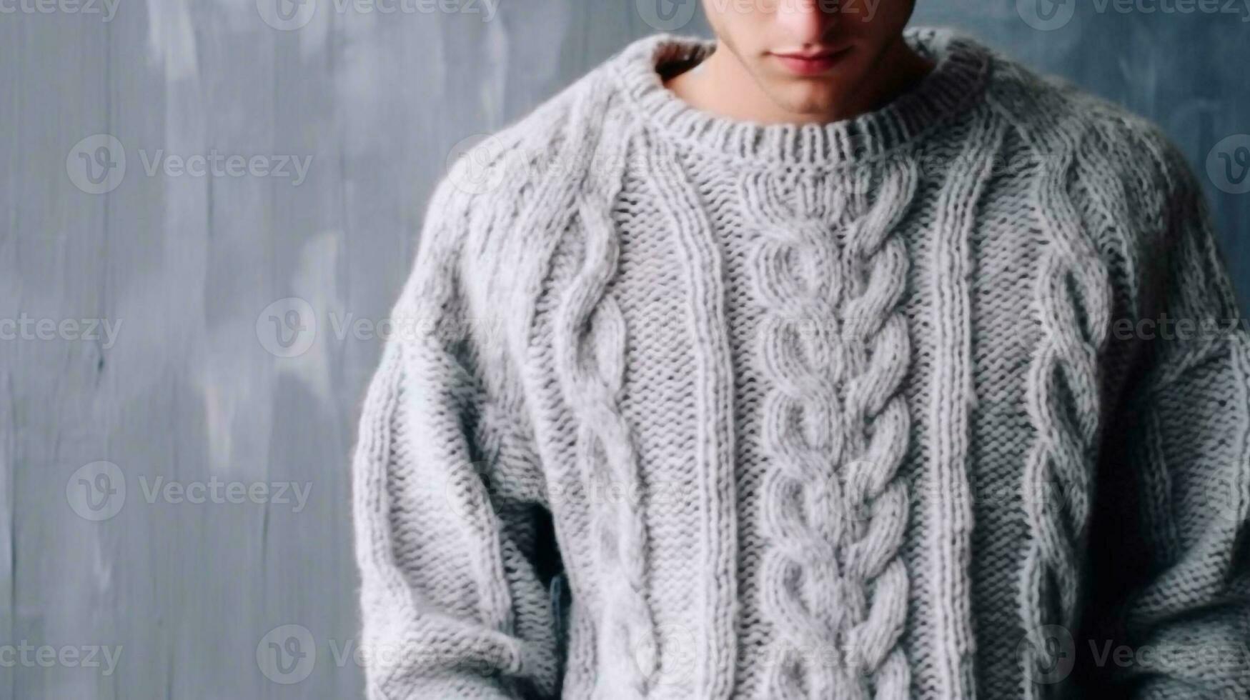 une homme dans une tricoté chandail sur une doux gris Contexte. tricot et crochet. couture.ai généré photo