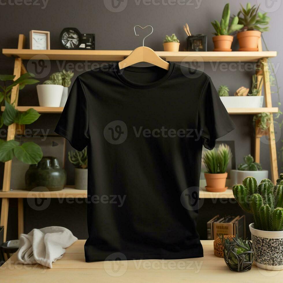 génératif ai.empty noir T-shirt maquette sur une cintre dans le chambre, de face voir. photo
