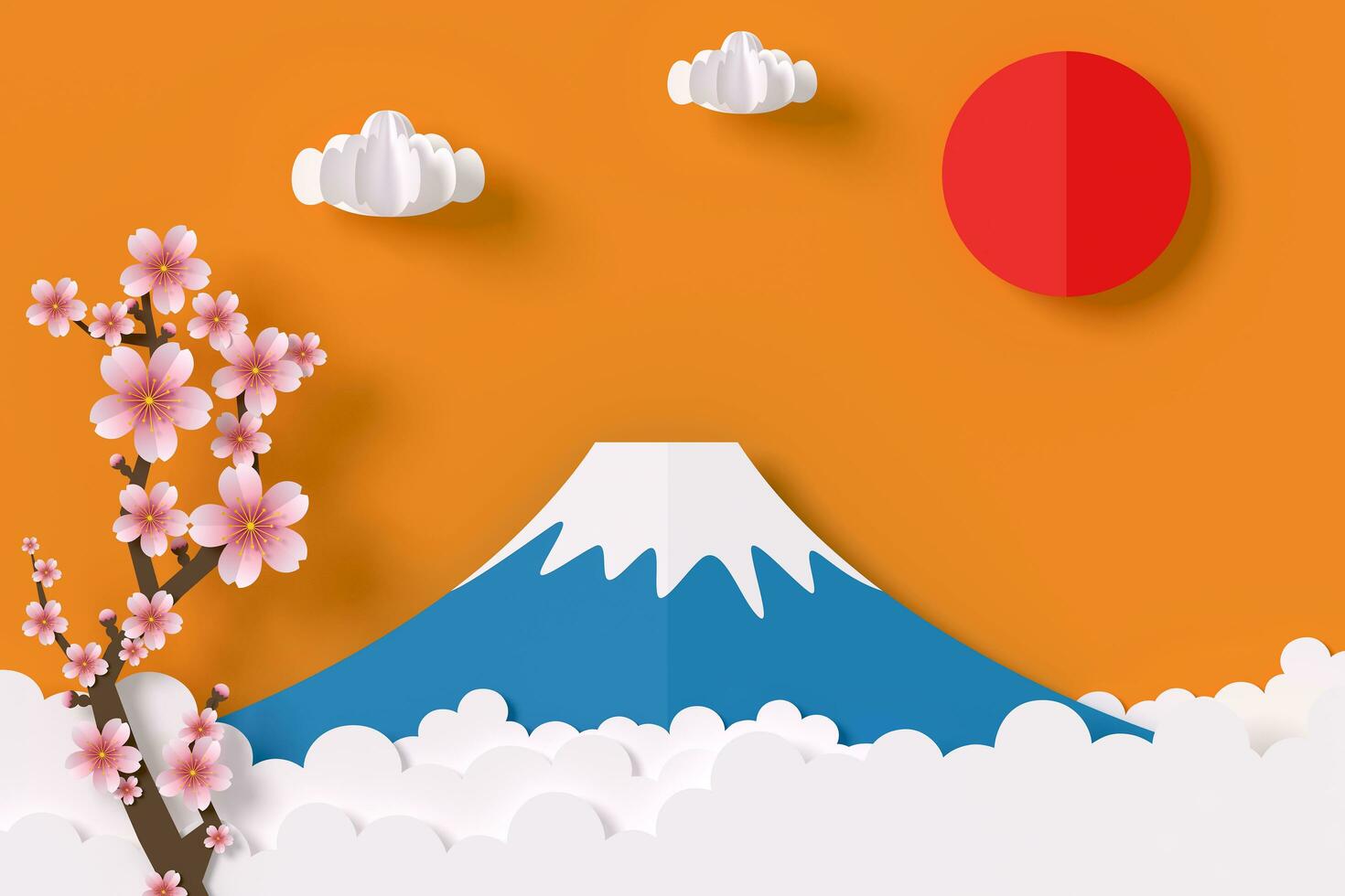 Fuji Montagne avec Sakura et rouge Soleil papier style, 3d le rendu photo