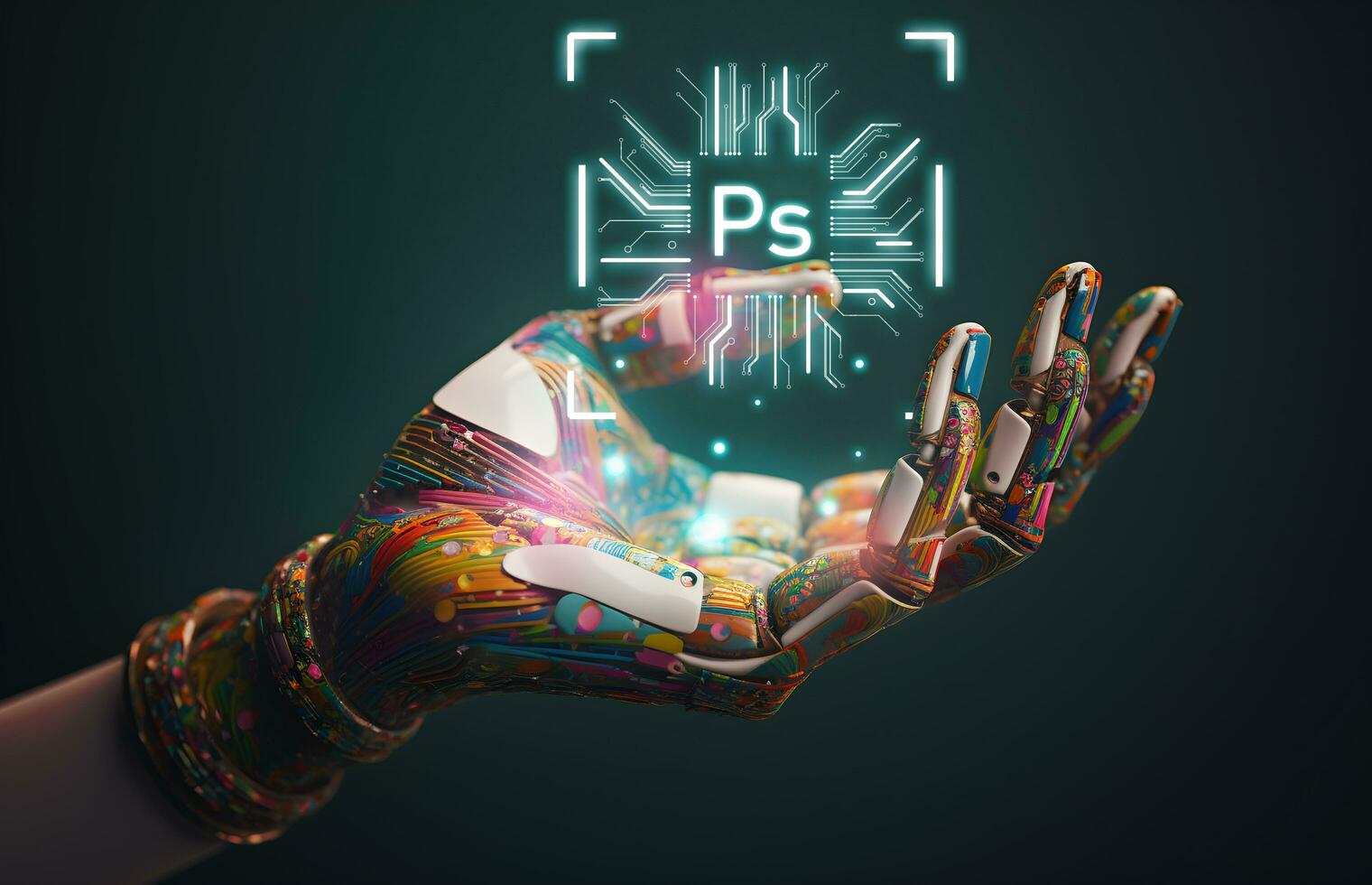 ai humanoïde main en portant ps puce électronique hologramme, ai art Générateur La technologie concept, génératif ai illustration photo