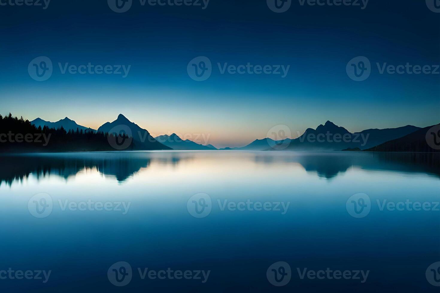 l'eau bleu nuit des lacs silhouette sur pente arrière-plan, génératif ai. photo