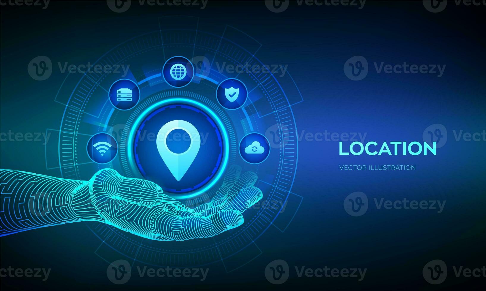 emplacement. point de emplacement icône dans robotique main. aiguille de carte. carte marqueur signe. GPS aiguille. la navigation épingle point global position système symbole. vecteur illustration. photo