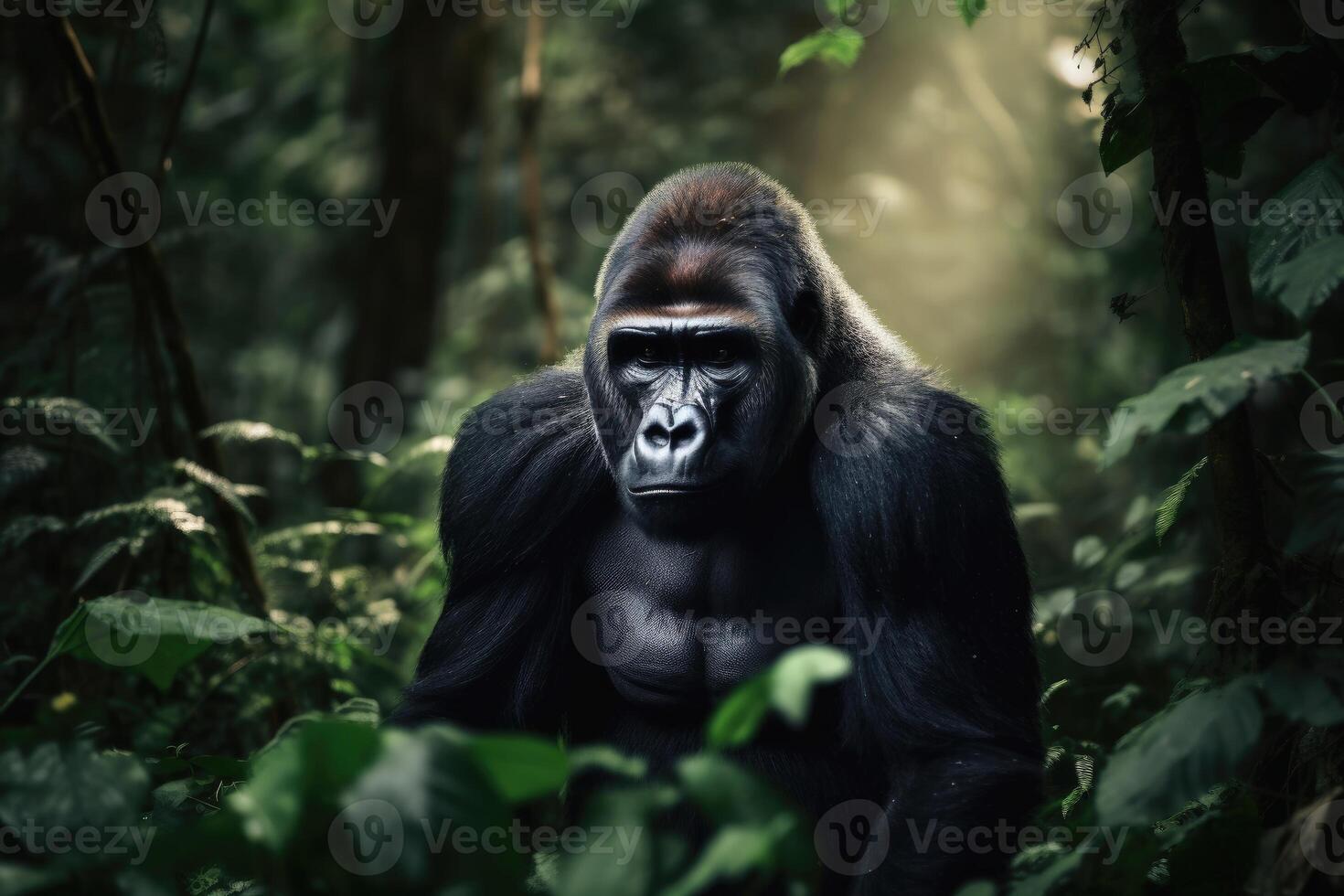 une gros gorille dans le jungle établi avec génératif ai technologie. photo