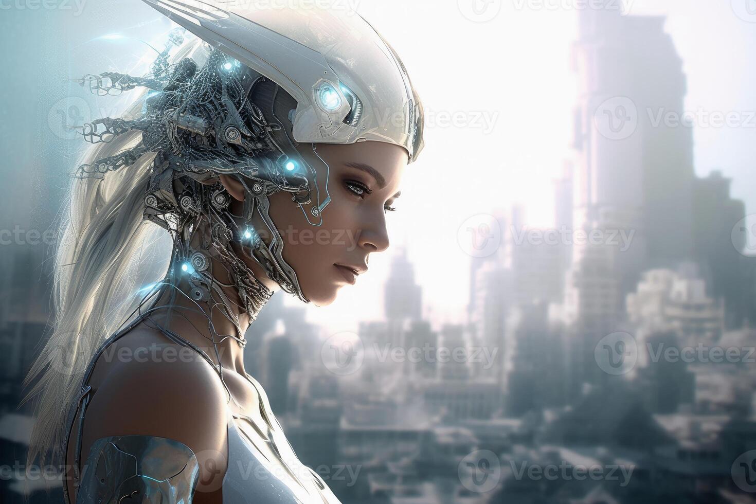 une magnifique femelle cyborg dans de face de une futuriste ville établi avec génératif ai technologie. photo