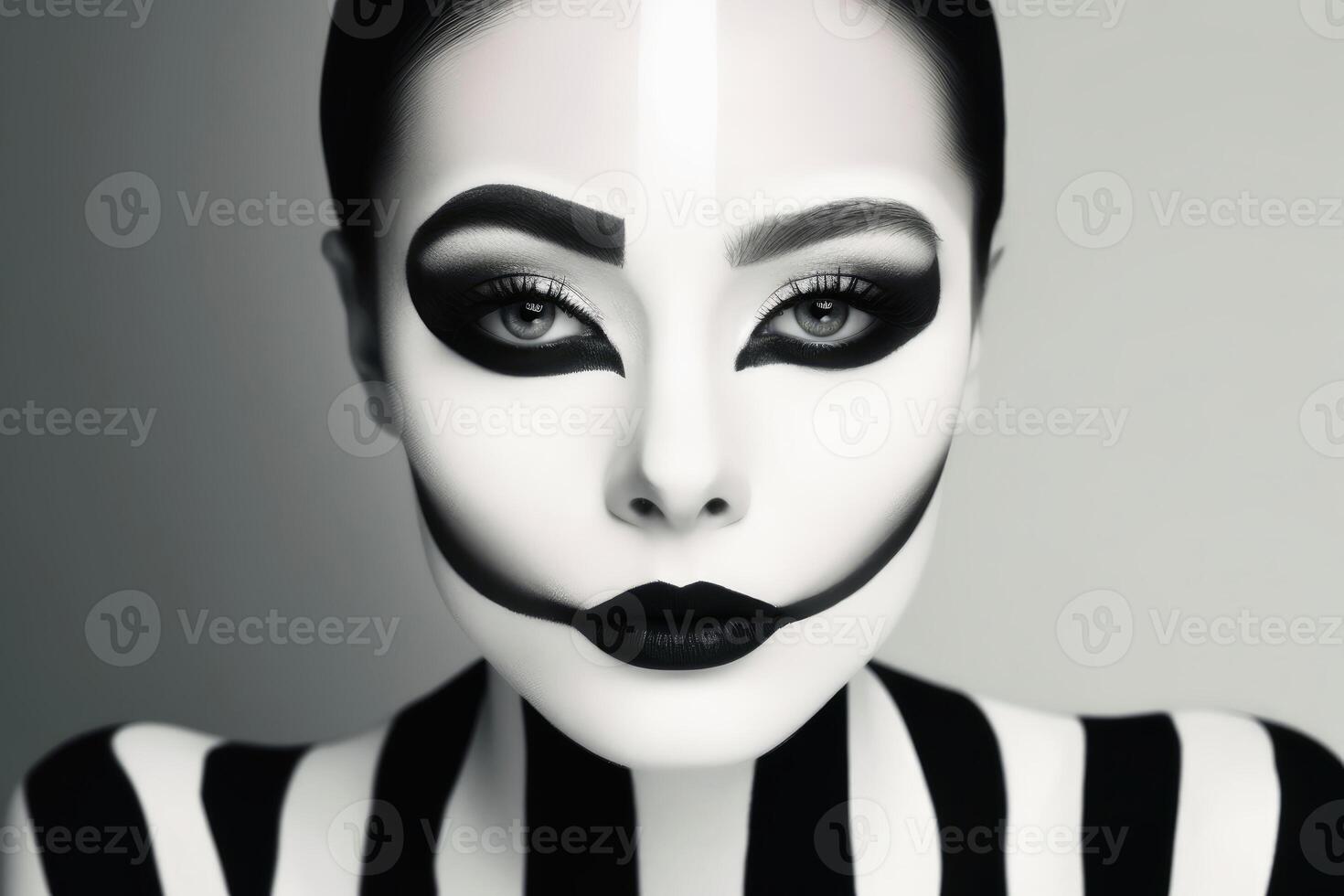 portrait de une femme avec une noir et blanc maquillage séparer le visage établi avec génératif ai technologie. photo