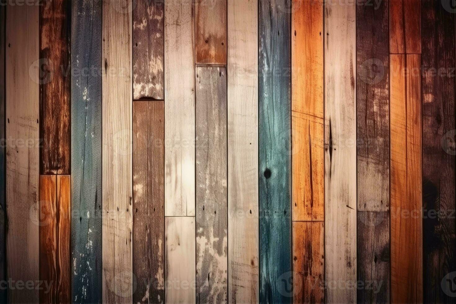 une Contexte de coloré en bois planches dans ancien regarder. photo