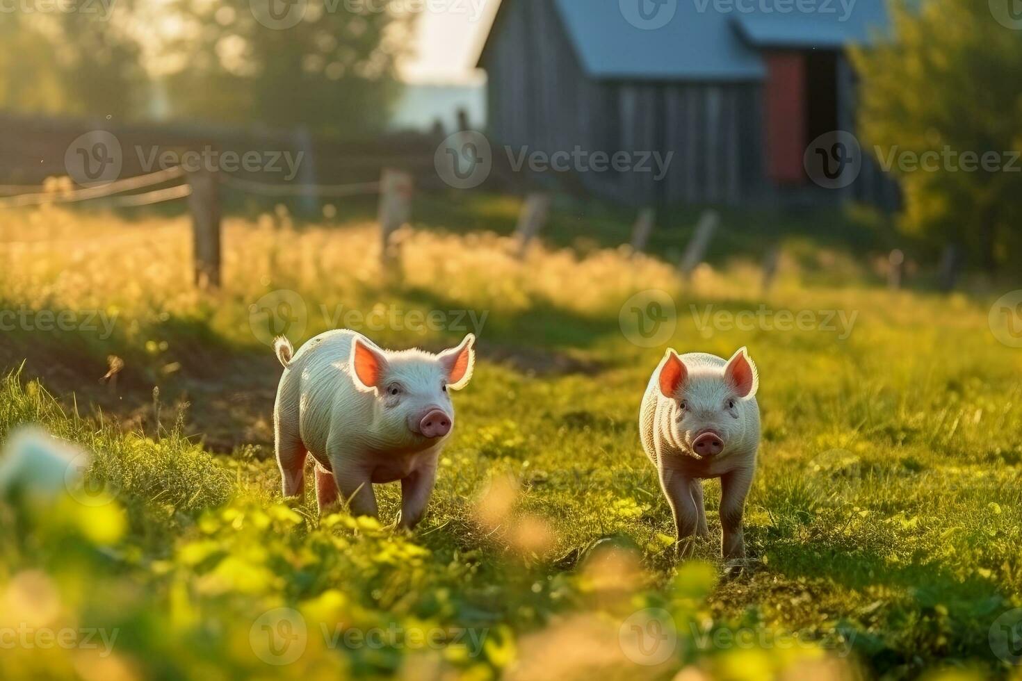 les cochons sur une vert Prairie sur une ferme établi avec génératif ai technologie. photo