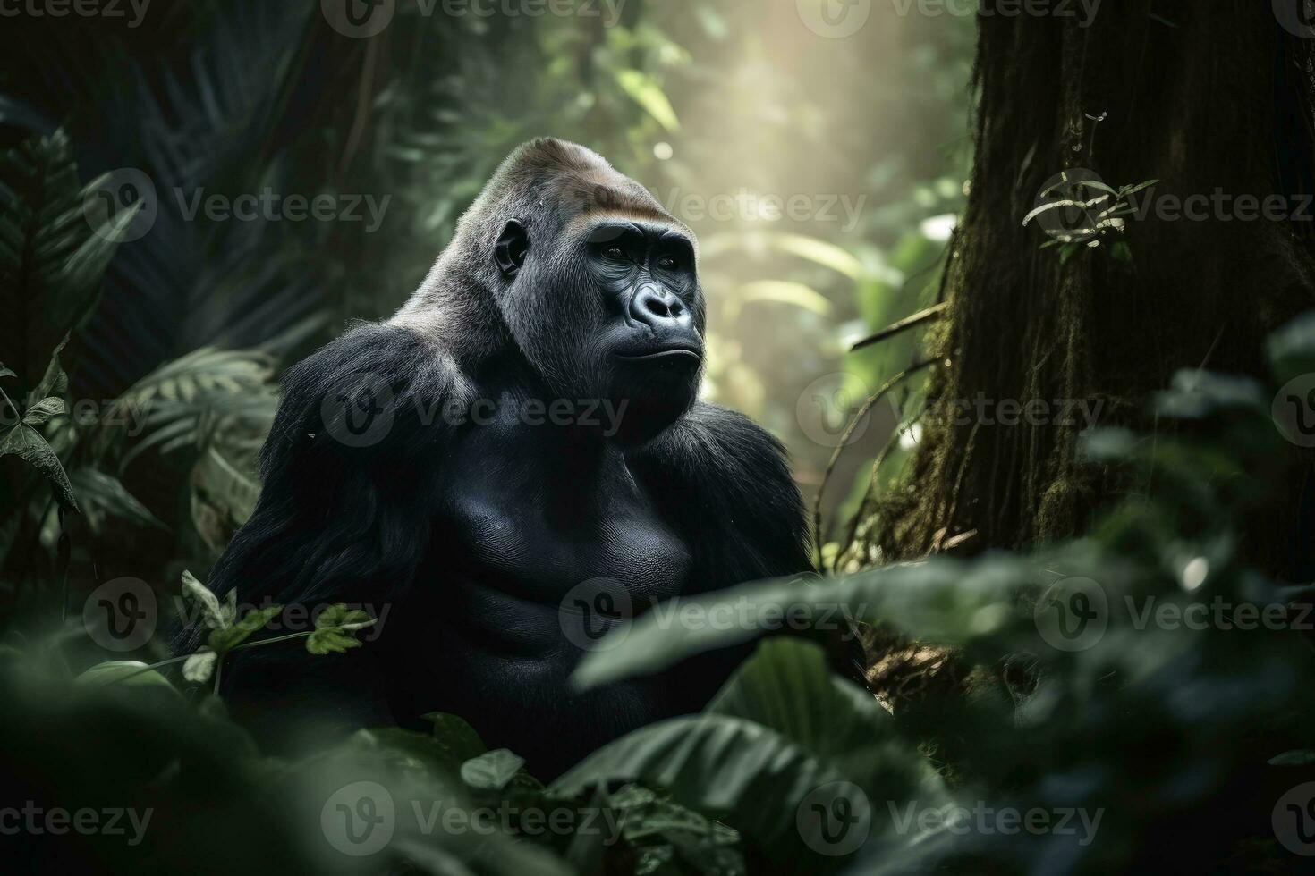 une gros gorille dans le jungle établi avec génératif ai technologie. photo