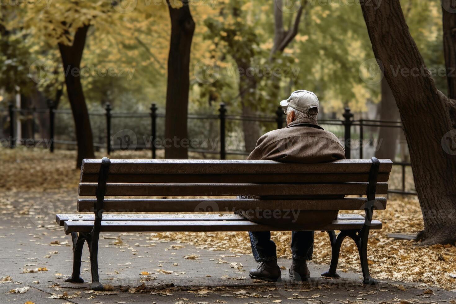 une solitaire retraité homme sur une banc établi avec génératif ai technologie. photo