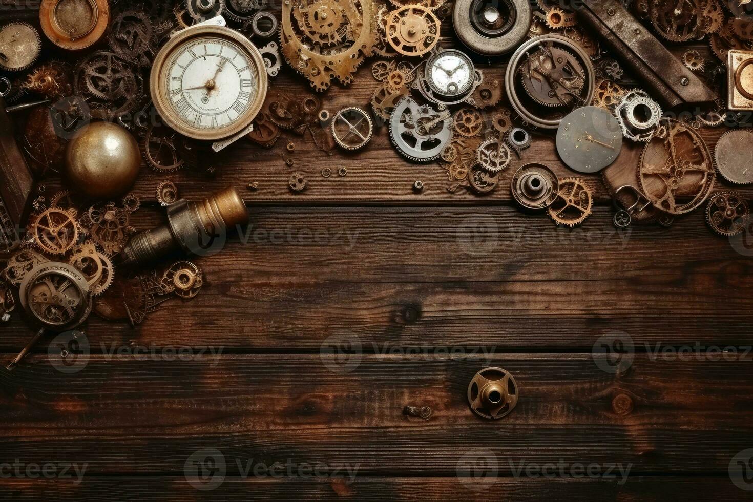 steampunk Contexte sur une en bois surface avec copie espace établi avec génératif ai technologie. photo