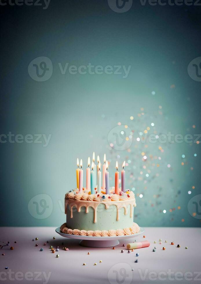 anniversaire coloré gâteau décoré avec bonbons, anniversaire gâteau avec bougies, génératif ai. photo