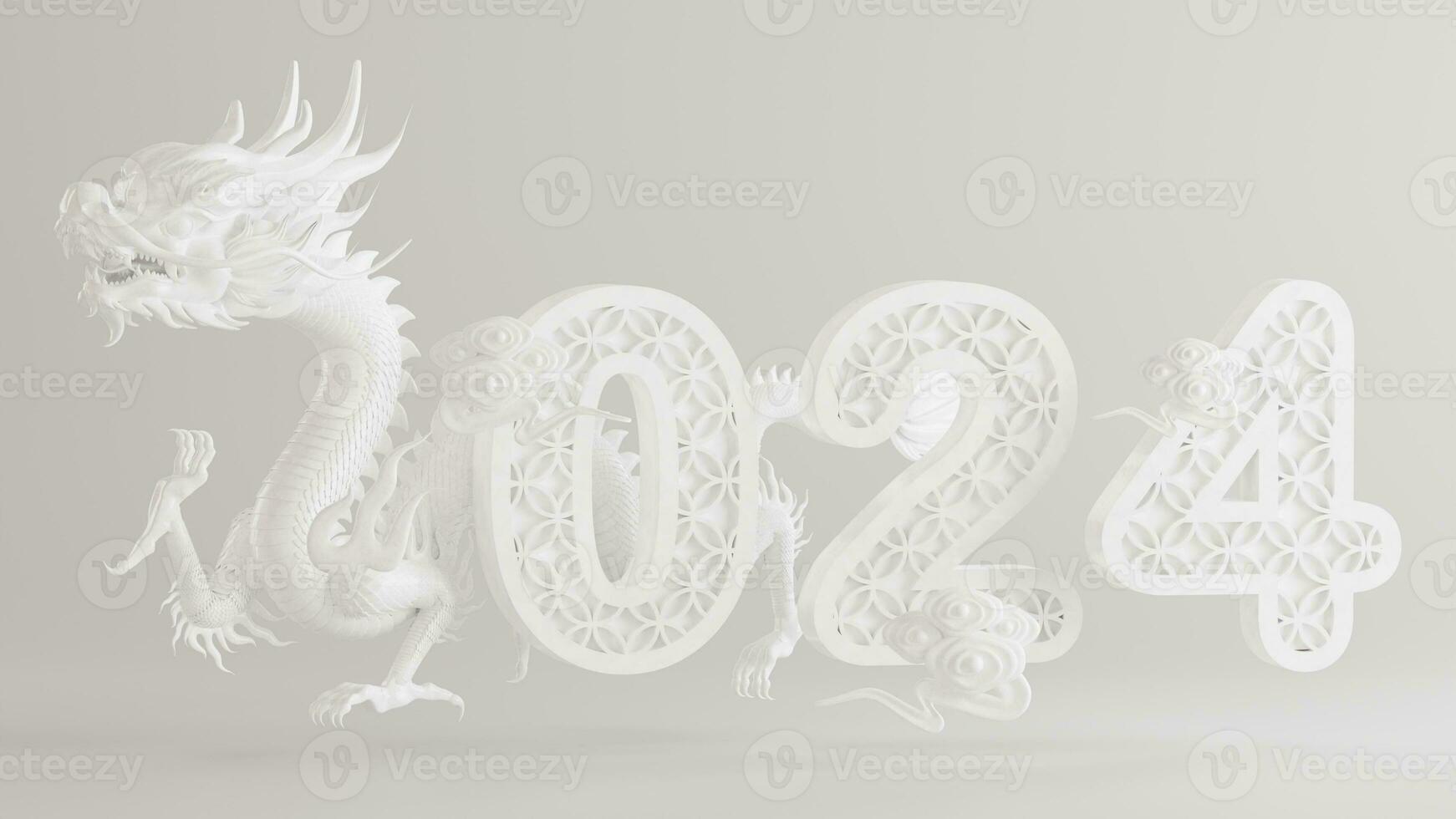 3d le rendu illustration pour content chinois Nouveau année 2024 le dragon zodiaque signe avec fleur, lanterne, asiatique éléments, rouge et or sur Contexte. photo