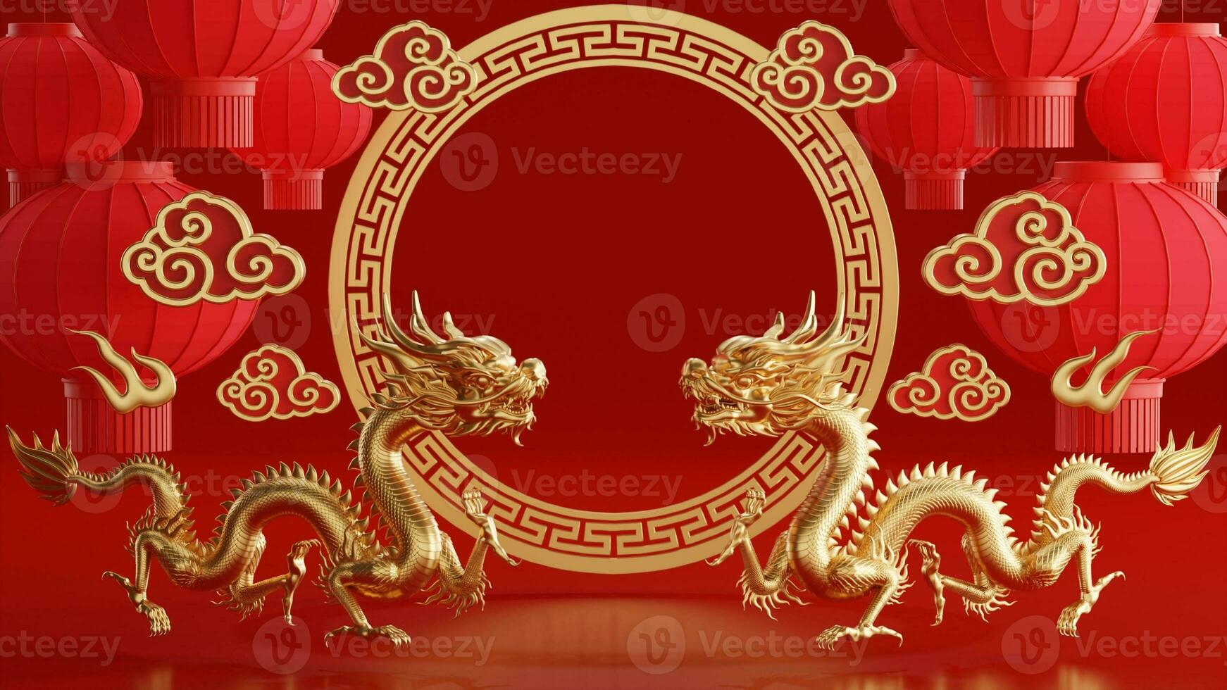 3d le rendu illustration pour content chinois Nouveau année 2024 le dragon zodiaque signe avec fleur, lanterne, asiatique éléments, rouge et or sur Contexte. photo