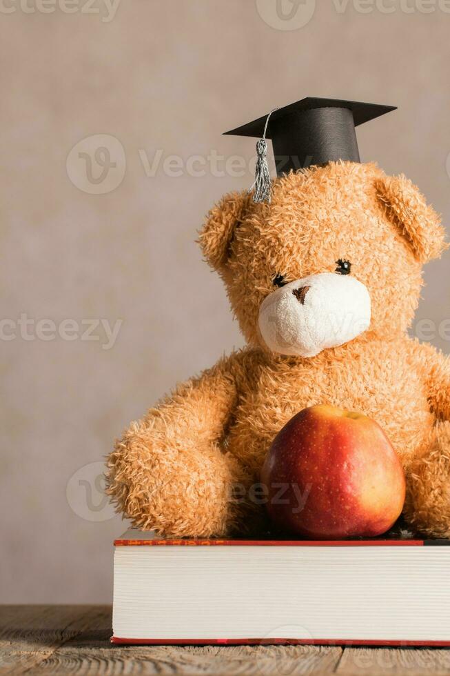 marron nounours ours dans un académique casquette est mis sur une épais dictionnaire. photo