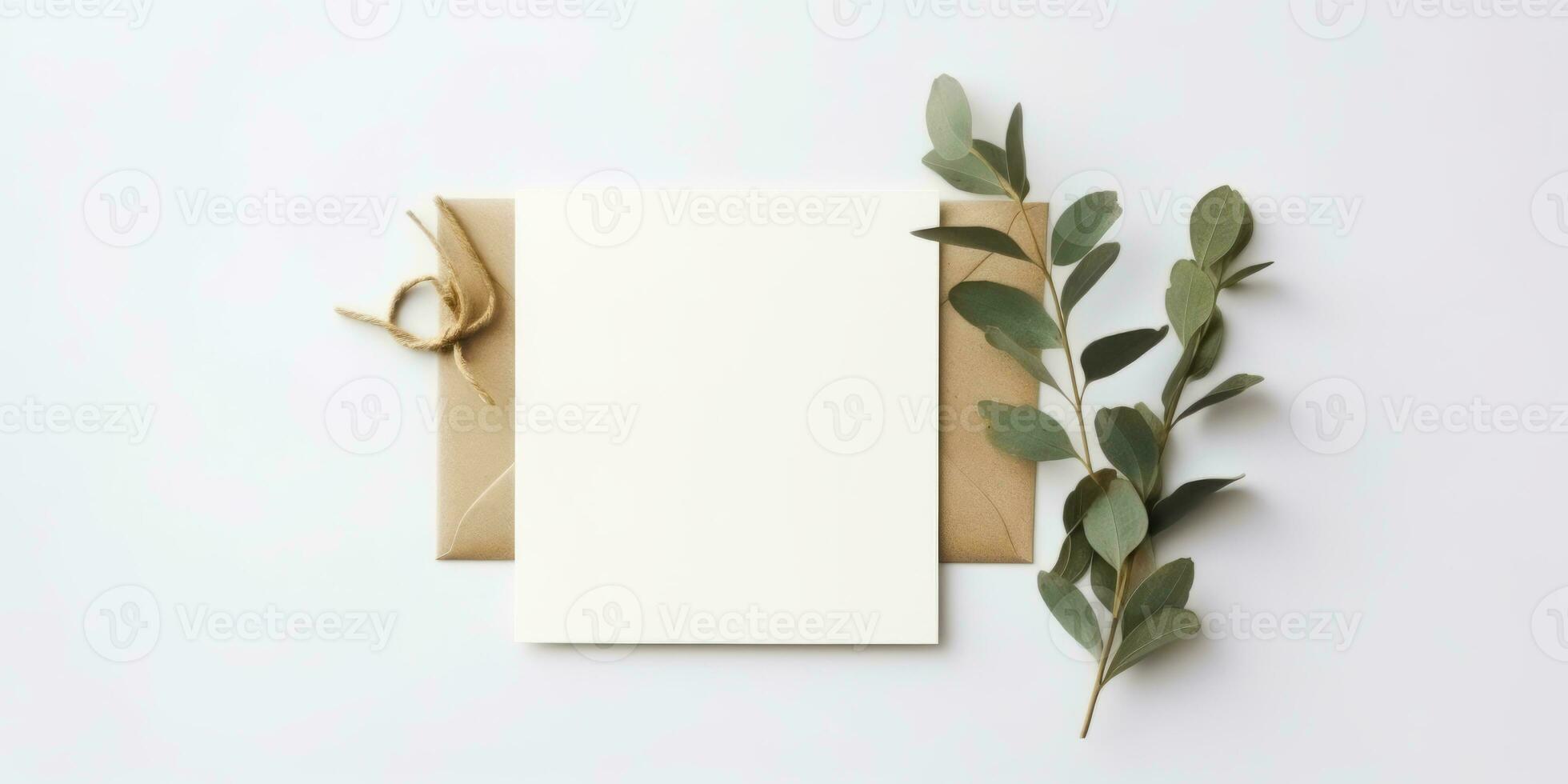 minimaliste salutation carte maquette avec délicat sec eucalyptus feuilles - Haut vue sur une nettoyer blanc arrière-plan, ai généré photo